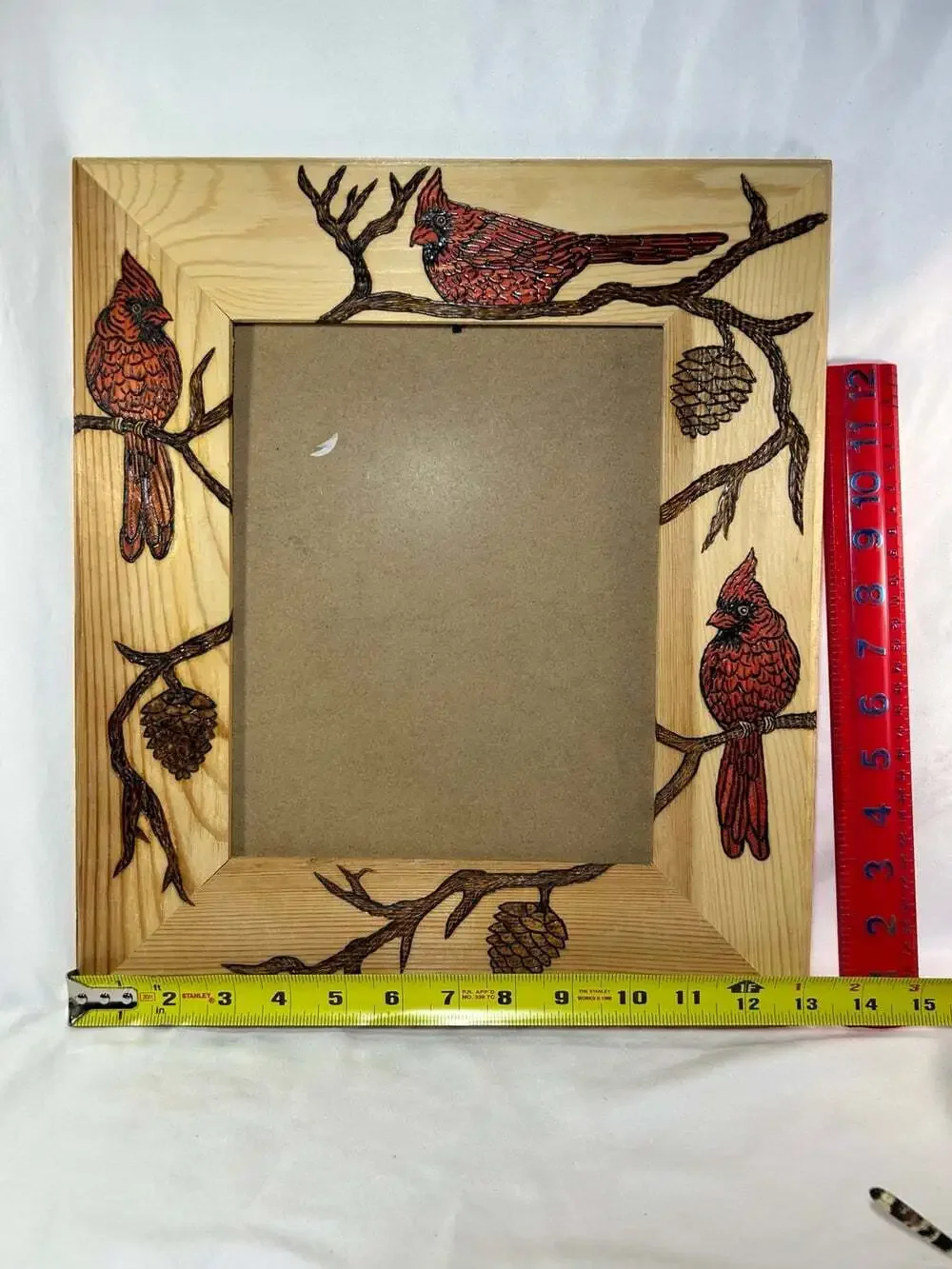 Red Cardinal pinewood rustic picture frame country core 8x10 burned art NO Glass